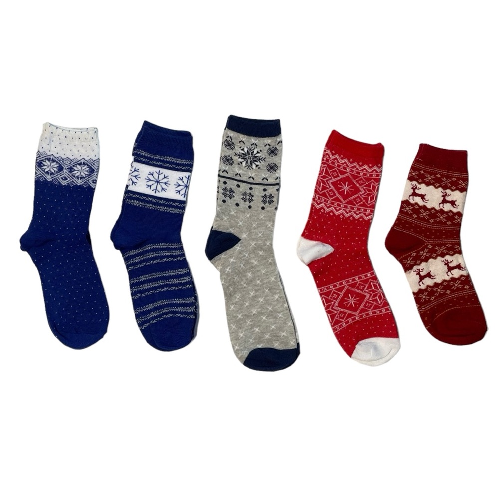 Girls Crew Socks Reindeer Snowflakes Blue Red White Five Pair Bundle